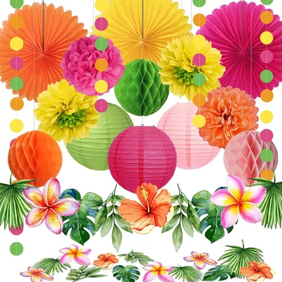 Imagen del producto de Kit de decoración hawaiana: set de 27 piezas para fiestas de verano, decoración tropical para piscinas, adornos colgantes con abanicos de papel