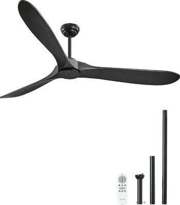 A black ceiling fan with three blades is shown against a white background. Several black downrods of varying lengths are displayed to the right of the fan, along with a white remote control.