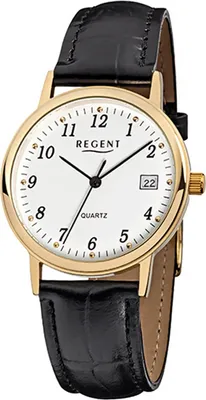 A close-up studio shot of a men's wristwatch with a black leather strap and a gold-toned case.