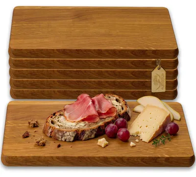 Produktbild von FALKENBERGER Frühstücksbrettchen 6er Set massive Eiche, 24 × 14 × 1,6 cm Handgefertigt,  Europe. Schneidebretter, messerschonend, beidseitig glatt und zum Schneiden und Servieren nutzbar.
