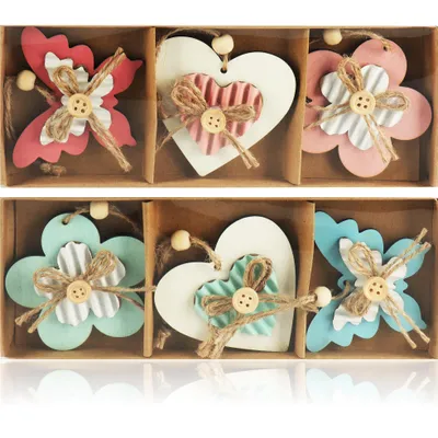 Produktbild von com-four® 6x Dekoaufhänger Schmetterling, Blume und Herz - Holzaufhänger zum Dekorieren - Frühlingsdekoration für den Osterstrauch