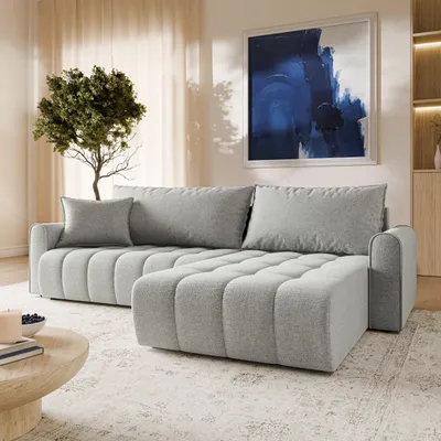 Produktbild von Masseno Ecksofa FRIGA mit Schlaffunktion L-Form, Sofa mit Bettkasten, Wohnzimmersofa, Couch, Soffa, Bettsofa, Couchgarnitur- Hellgrau, ARAGON 83
