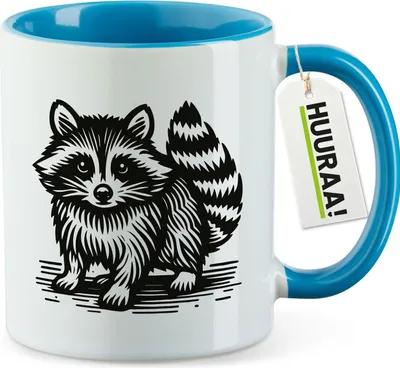 Produktbild von Huuraa Kaffeetasse Waschbär Comic 330ml Blau Keramik Kaffeebecher Geschenkidee