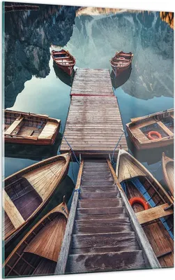 Produktbild von Bilder auf glas - Einteilig - Berge Boot Wasser - 50x70cm - Glasbilder - Wandbilder - Bilder - zum Aufhängen bereit - Wanddekoration aus Glas - Glas Bilder - Wandbild auf Glas - GPA50x70-3971