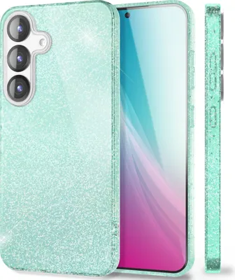 A mint green glitter phone case for a Samsung Galaxy S25 is shown from multiple angles.