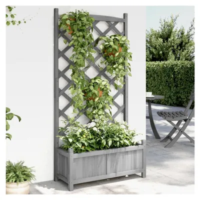 Produktbild von Pflanzkübel mit Spalier aus grauem Massivholz Tanne für Balkon, Garten und Terrasse