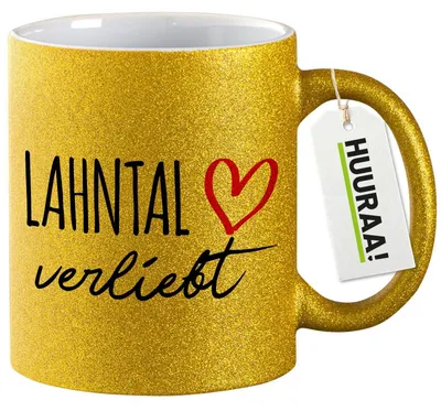 Produktbild von Huuraa Glitzertasse Lahntal verliebt 330ml Gold Keramik Kaffeebecher Geschenkidee