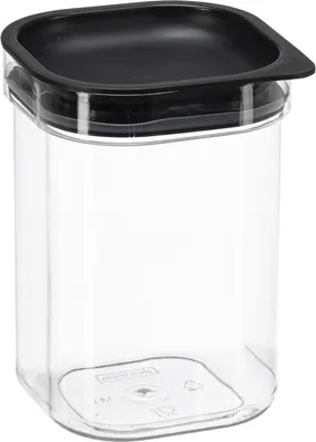 A clear studio shot of a transparent plastic food storage container with a black lid.