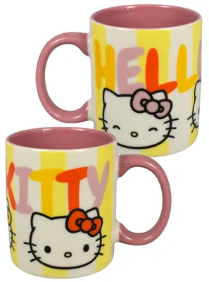 Produktbild von Hello Kitty Tasse - Streifen Kaffeetasse Becher Kaffeebecher aus Keramik Rosa/Weiß 320 ml