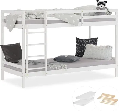 Image de Lit superposé avec 2 matelas Lit enfant 90x200 cm Lit mezzanine en bois massif blanc