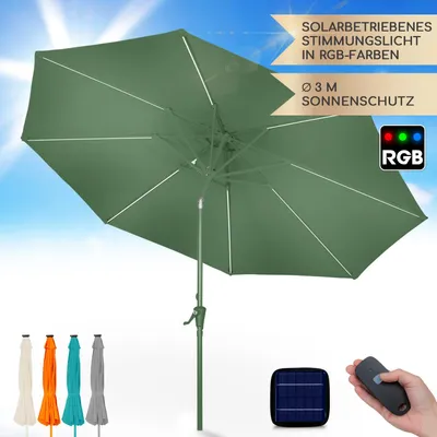 Produktbild von Blumfeldt Sonnenschirm für den Balkon & Garten, Sonnenschirm mit UV-Schutz, LED-Beleuchtung & Wasserdicht, Sonnenschirme Rund, Stabil & Knickbar, Sonnenschutz mit Solar, Runder Parasol Gartenschirm