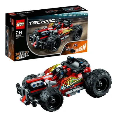 A LEGO Technic BUMMS! 42073 set box and the assembled toy car.