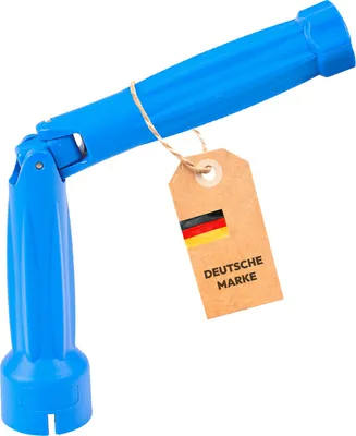 A blue tool with a tag attached.