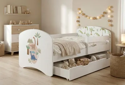 Obrázek produktu pro Dětská postýlka Happy Babies s bočními zábranami pro chlapce, 140 x 70 cm, do dětského pokoje, se zásuvkou, matrace, jednolůžko pro děti, bílá, s motivem dinosaurů