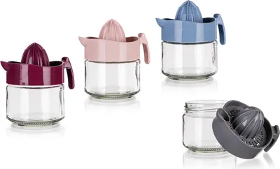 Four citrus juicers with glass jars in different colors are displayed against a white background.