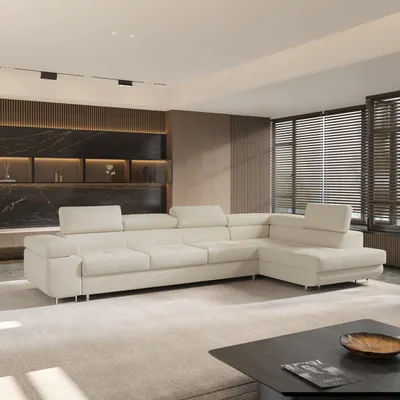 Produktbild von Masseno Ecksofa VICENTE mit Schlaffunktion L-Form, Sofa mit Bettkasten, Wohnzimmersofa, Couch, Soffa, Bettsofa, Couchgarnitur- Creme, QUELLE 02