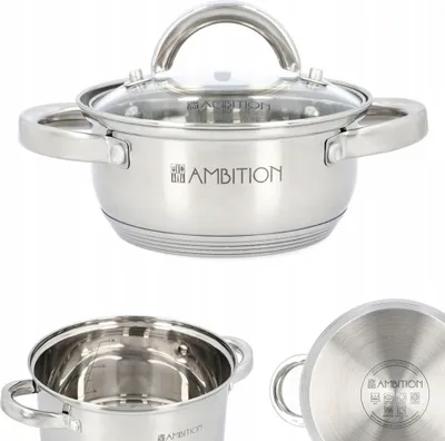 A collage of three images showing a stainless steel pot with a glass lid from different angles.