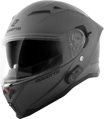 A studio shot of a gray motorcycle helmet.