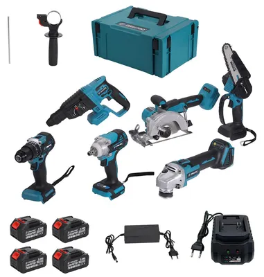 Produktbild von Drillpro 6-in-1 Akku Werkzeugset Bürstenlos 18V Schlagbohrer Winkelschleifer Schlagbohrer Kettensäge Kreissäge Schlagschrauber 4 Akkus + 2 Ladegerät
