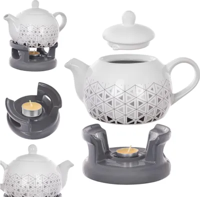 Immagine prodotto di Set teiera 1L con scalda teiera KADAX, caffettiera in porcellana con coperchio, manico e scalda teiera, teiera con scalda teiera per tè, set da tè (grigio/bianco)