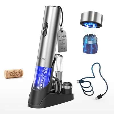 Produktbild von Elektrischer Weinöffner 7-in-1 Set Edelstahl Silber mit Vakuumpumpe, Folienmesser, Ausgießer & 2 Verschlüssen