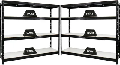 Produktbild von Mega Deal | 2x Profi Schwerlastregal Rhino | HxBxT 180x200x60cm | 4 Melamin-Ebenen 16mm | Fachlast 500kg | Schwarz
