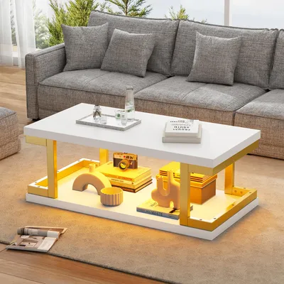 Obrázok produktu pre LED konferenčný stolík, obdĺžnikový tvar, 100 x 50 x 37,5 cm, 100% MDF, kov, biela + zlatá farba, s otvorenou odkladacou plochou a LED osvetlením