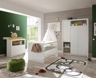 Produktbild von Babyzimmer-Set Paula 3tlg Wickelkommode Babybett Kleiderschrank 3türig  weiß