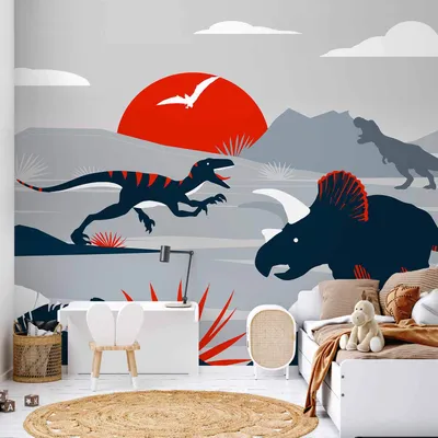 Produktbild von Vlies Fototapete - Last dinosaurs with red - abstract landscape for a room 250x175 cm Für Kinder e-A-10014-a-a