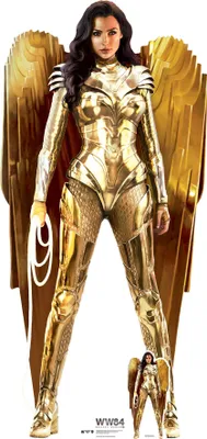 A full-body cardboard cutout of Wonder Woman in her golden armor, holding her lasso.