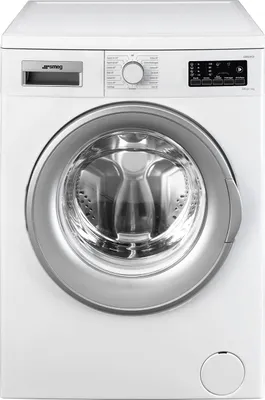 A front view of a white Smeg washing machine.