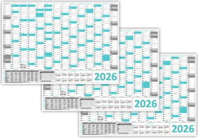 Produktbild von 3 Stück XL Wandkalender Wandplaner 2026 türkis (gerollt) DIN A1 Format (594 x 841 mm) 14 Monate komplette Jahresvorschau Folgejahr und Ferientermine Feiertage aller Bundesländer