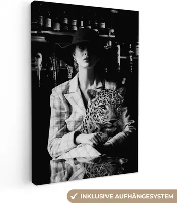 Obrázek produktu pro OneMillionCanvasses® - Plátna - Žena - Leopard - - Černá - Bílá - Zvíře, Nástěnný obraz, Nástěnná dekorace Obývací pokoj, 80x120cm