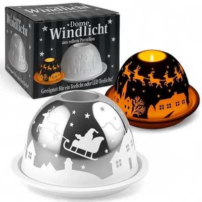 Produktbild von Teelichthalter mit 3D-Lichteffekt – Porzellan-Windlicht – Weihnachtsdeko – Durchmesser 12 cm – Festliches Design – Elegant für Advent/Weihnachten – Weihnachtslicht