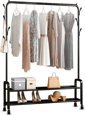 Produktbild von Kleiderständer mit Rollen und Schuhregal | Platzsparender Garderobenständer 102 x 34 x 157 cm