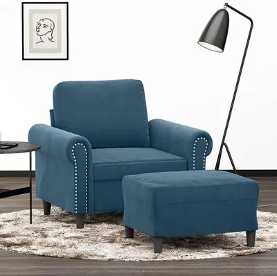 Produktbild von Blauer Sessel mit Hocker, 60 cm, aus Samt
