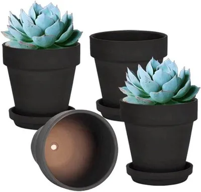 Productafbeelding van Terracotta potten set, 4 stuks, 15 cm, met onderzetters - zwart