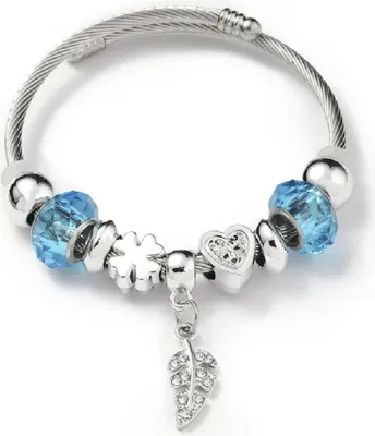 Produktbild von Charm-Armband mit blauen Kunststoffperlen & 10 Symbolanhängern – Edelstahl – wechselbare Designs Feder