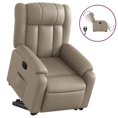 A cappuccino-colored electric recliner chair with a lift assist feature, shown against a white background. An inset diagram illustrates the chair's reclining and lifting functions.