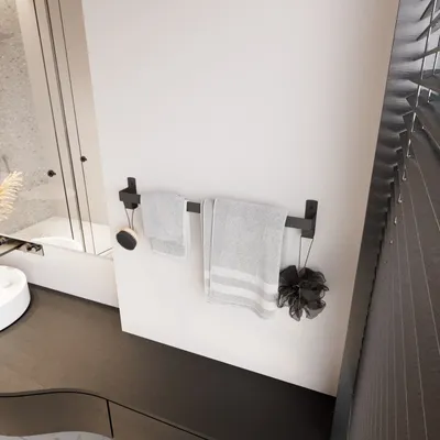 Image de QLS Porte-serviettes de bain 60 cm avec 2 crochets pour salle de bain Noir en acier 11108