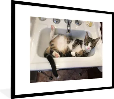 Produktbild von MuchoWow® MuchoWow® Gerahmtes Poster Katze - Waschbecken - Badezimmer 80x60 cm - Poster mit zchwarzem Bilderrahmen - Schlafzimmer-Dekorationen - Fotoposter