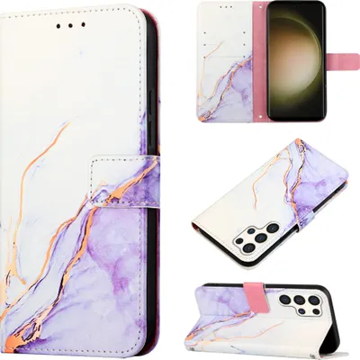 Produktbild von Galaxy S25 Ultra Hülle, Marmor Motiv Kunstleder Tasche Kartenfächer mit Standfunktion Schutzhülle für Samsung Galaxy S25 Ultra Weiß Lila