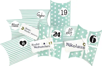 Produktbild von DIY Adventskalender Christkind zum Befüllen türkis Sterne/Streifen,Ziffern schwarz-weiß