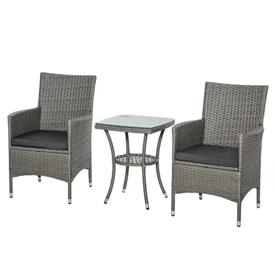 Produktbild von Outsunny Gartensitzgruppe mit Beistelltisch, 3-tlg. Rattan Gartenset, Sitzgarnitur mit Sitzkissen, Polyrattan + Stahl, Grau 60 x 58,5 x 89,5 cm