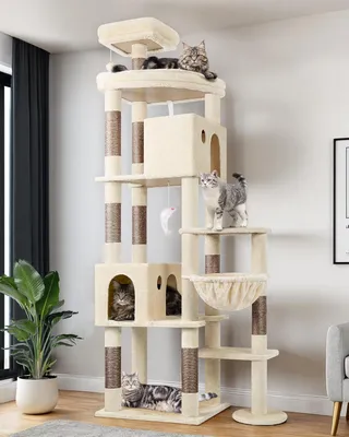 Immagine prodotto di Albero per gatti XXL, altezza 213 cm - Beige - Torre per gatti a tutta altezza con 2 rifugi e una grande piattaforma