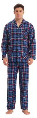 Produktbild von Herren-Pyjama-Set – Baumwoll-Nachtwäsche mit langen Ärmeln und Hose – gestreift in Rot/Blau/Grau