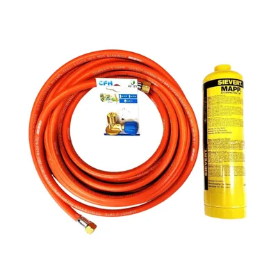 Image de Kit de tuyaux à gaz propane-butane Zatechs 5 m 3/8" avec régulateur CFH 7/16" avec raccord pour bouteille de gaz MAPP PRO et chalumeau à souder pour cartouche de gaz