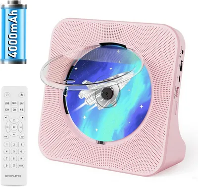 Produktbild von Tragbarer CD-Player 4000mAh, Bluetooth-wiederaufladbar, Lautsprecher, Fernbedienung, Timer, FM/USB/Kopfhörer, rosa.