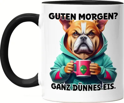 Produktbild von Guten morgen? Ganz dünnes Eis Hund Tasse Schwarz Langschläfer Morgenmuffel Witzig Kaffee