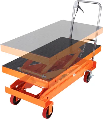 A hydraulic lift table cart is shown from a diagonal angle against a white background. The table is partially extended.